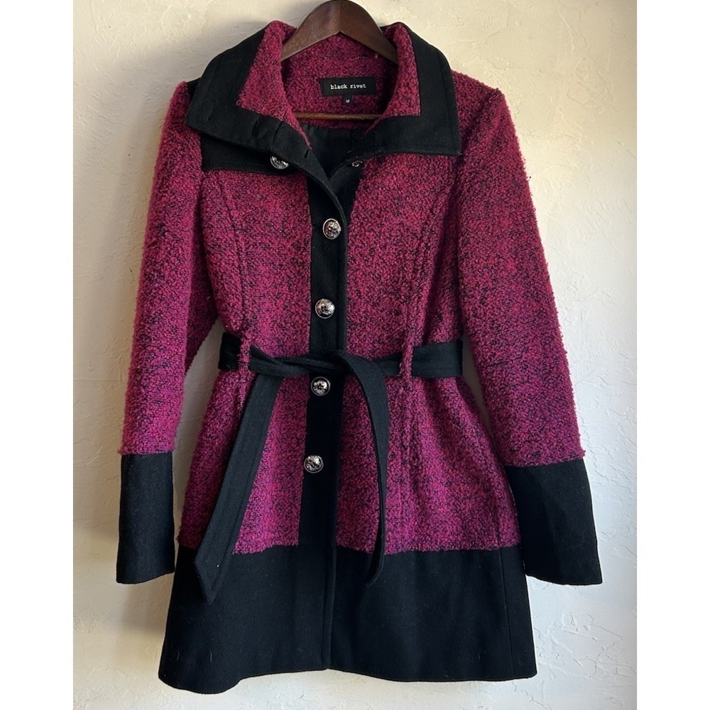 Black Rivet Belted Trench Coat Peacoat M A Line Pink Black Edgy Bold Tweed Retro